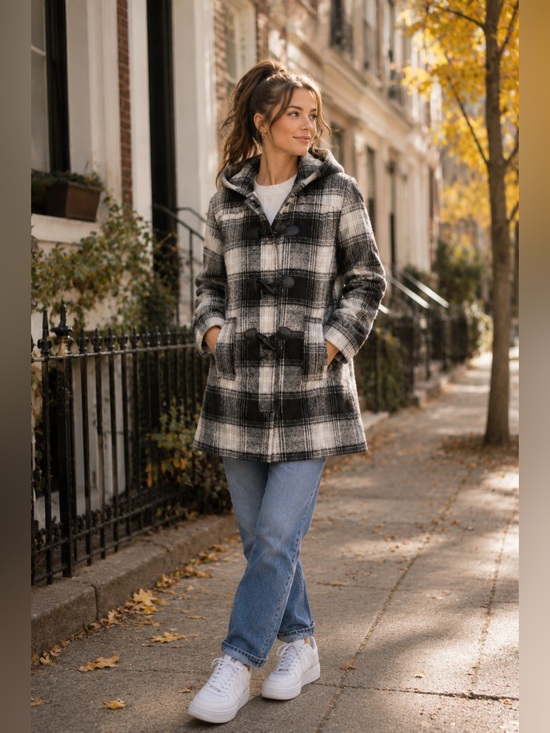 VENUS Jackets & Blazers - Venus Plaid Toggle Coat w/ Removable Hood – Black & White – Size 10